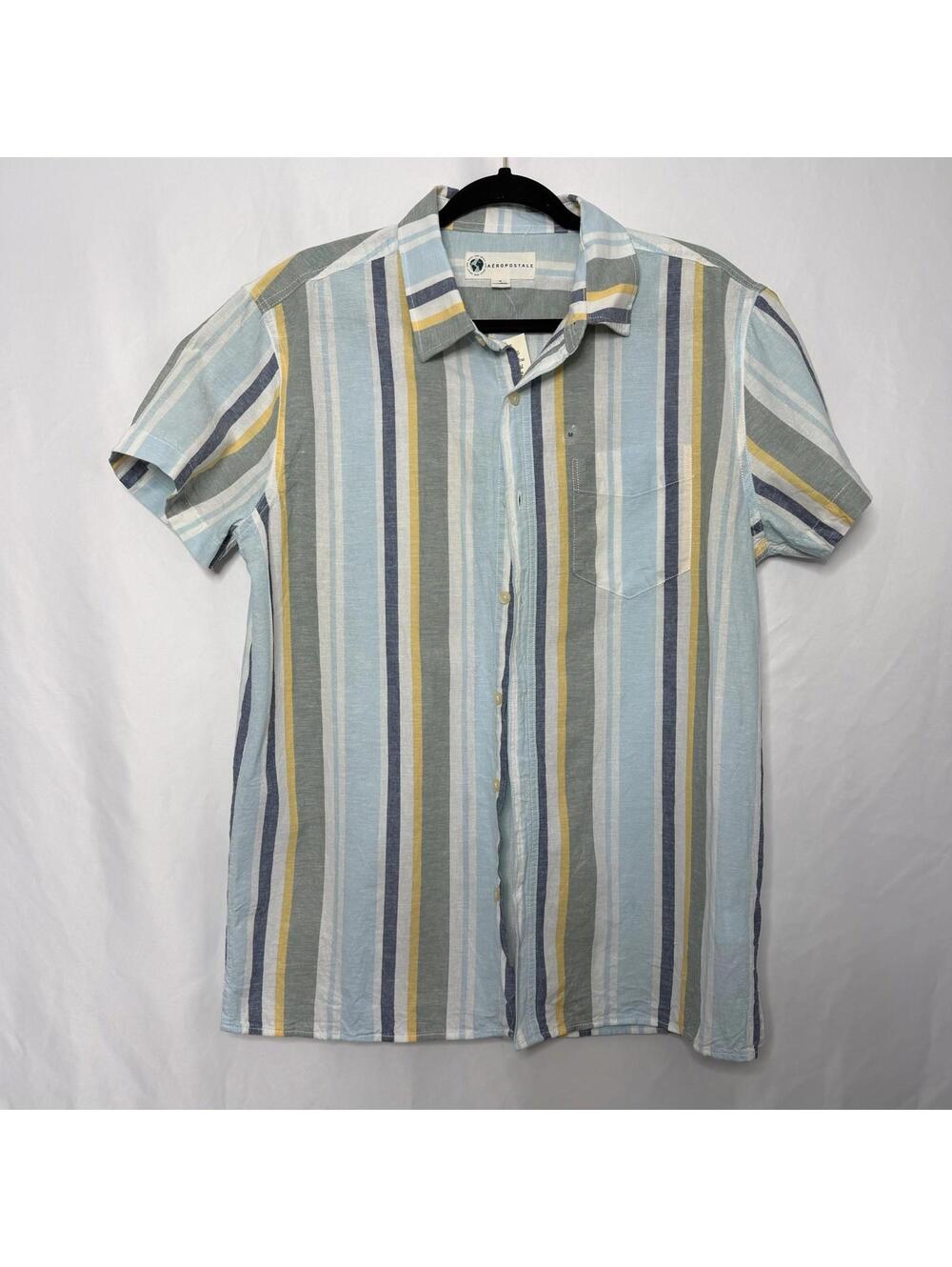 Aeropostale Cotton/Hemp Blend Mens M Blue White Yellow Striped Short Sleeve NWT